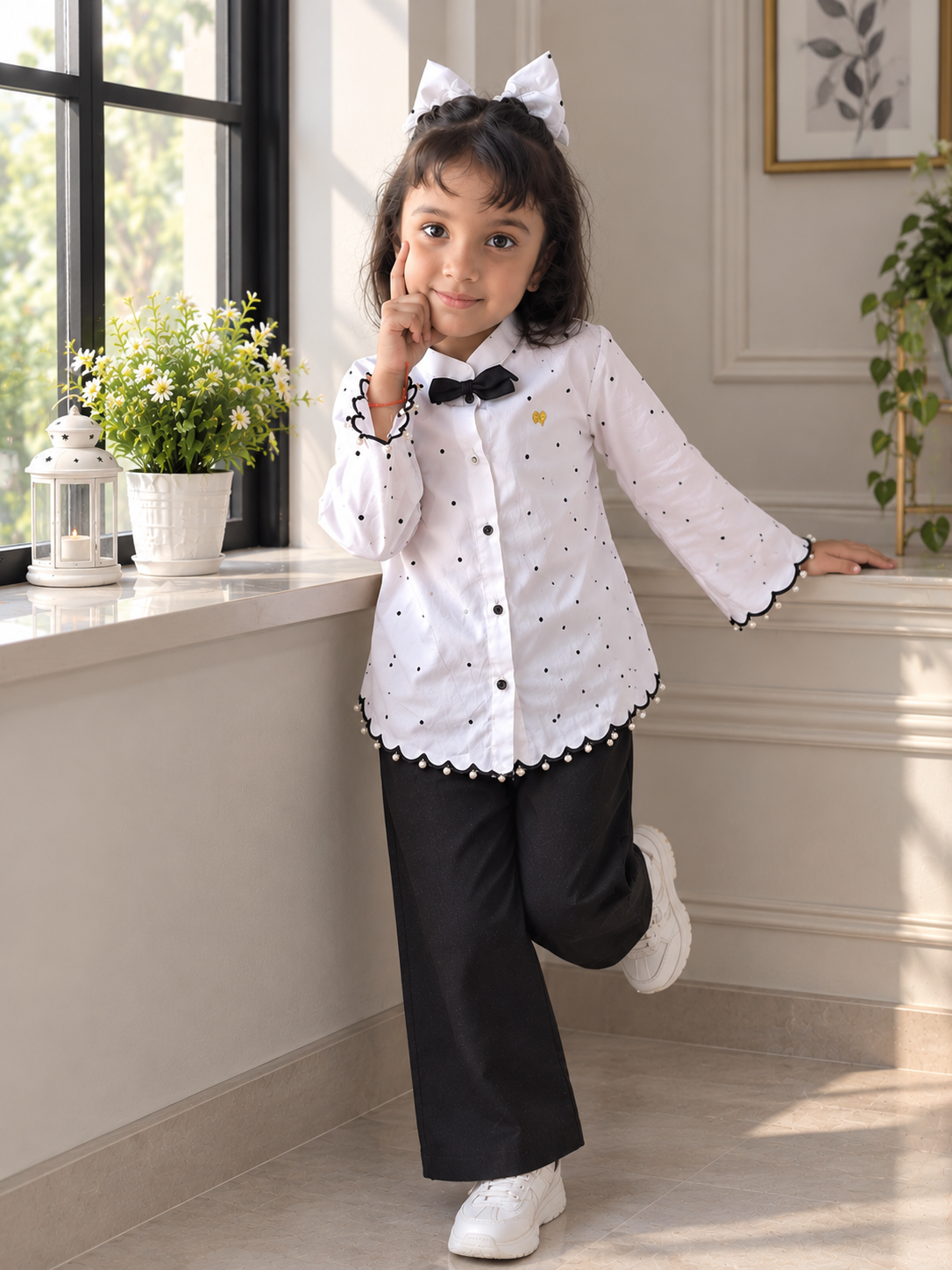 White polka dots shirt with black trouser
